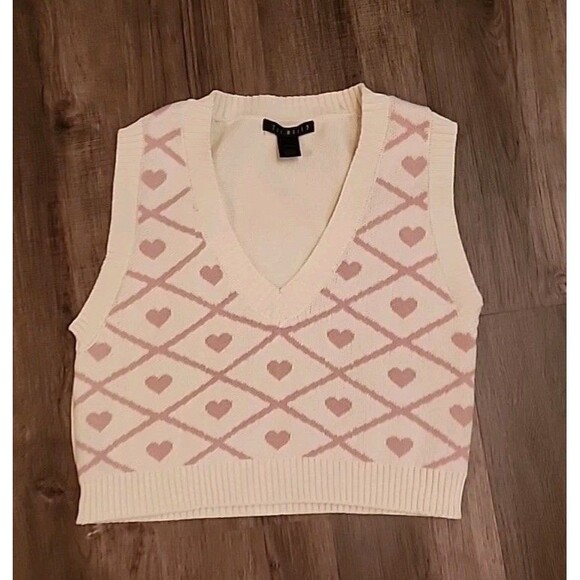 Say What? Womens Sweater Vest XL Beige Pink Hearts Academic Preppy - Picture 6 of 7